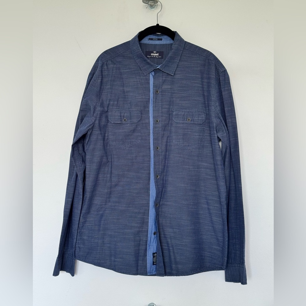 Mavi Blue Casual Button Down Shirt, fitted, 100% cotton, size XL